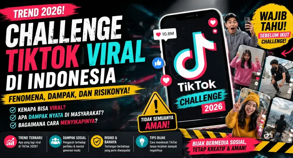 Ilustrasi tren challenge TikTok viral 2026 di Indonesia yang menunjukkan pengguna media sosial membuat konten video dengan risiko dan dampak sosial