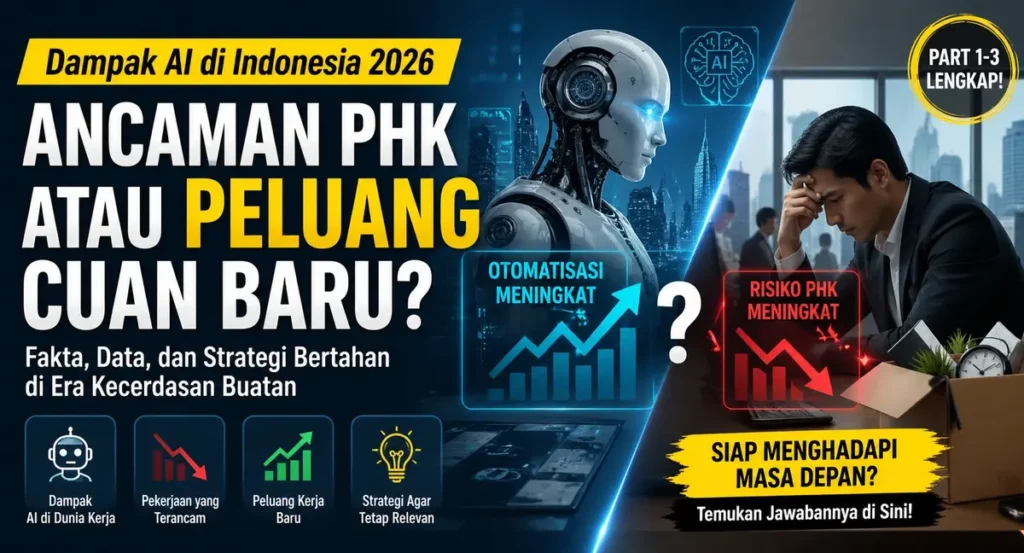 Ilustrasi dampak AI terhadap pekerjaan di Indonesia 2026, menampilkan perbandingan manusia dan teknologi dalam dunia kerja digital