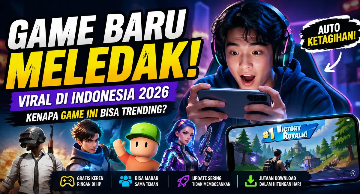 Game viral Indonesia 2026 dengan gamer bermain di smartphone dan tampilan gameplay penuh aksi yang sedang trending di media sosial