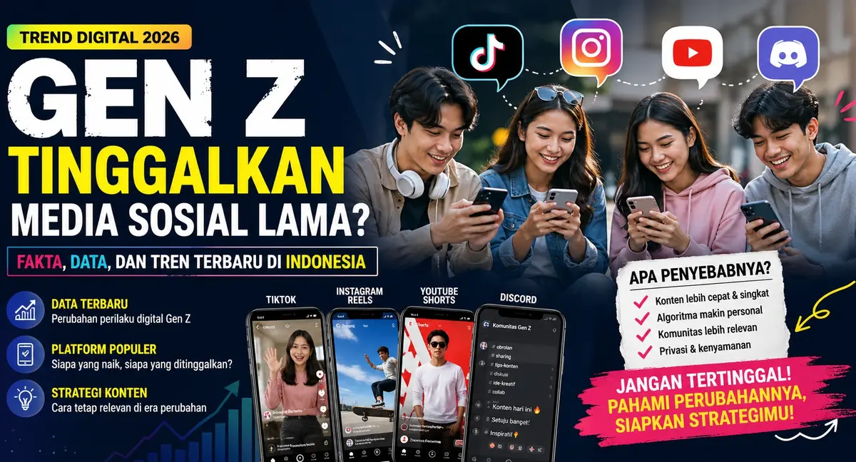 Gen Z Indonesia menggunakan smartphone dengan ikon TikTok, Instagram, YouTube, dan Discord menggambarkan tren pergeseran media sosial 2026