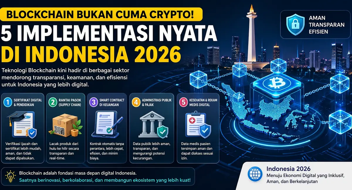 Ilustrasi implementasi blockchain di Indonesia 2026 dalam sektor pendidikan, keuangan, dan supply chain dengan teknologi digital modern