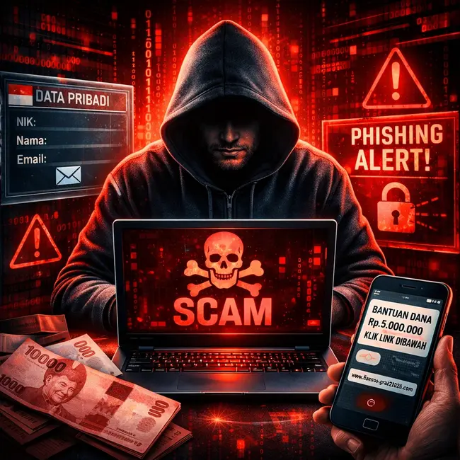 Ilustrasi hacker melakukan penipuan online dengan laptop dan data pribadi korban di layar digital