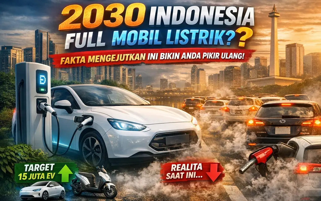 Ilustrasi mobil listrik di Indonesia tahun 2030 dengan perbandingan target pemerintah dan realita kendaraan bensin di jalan raya Jakarta