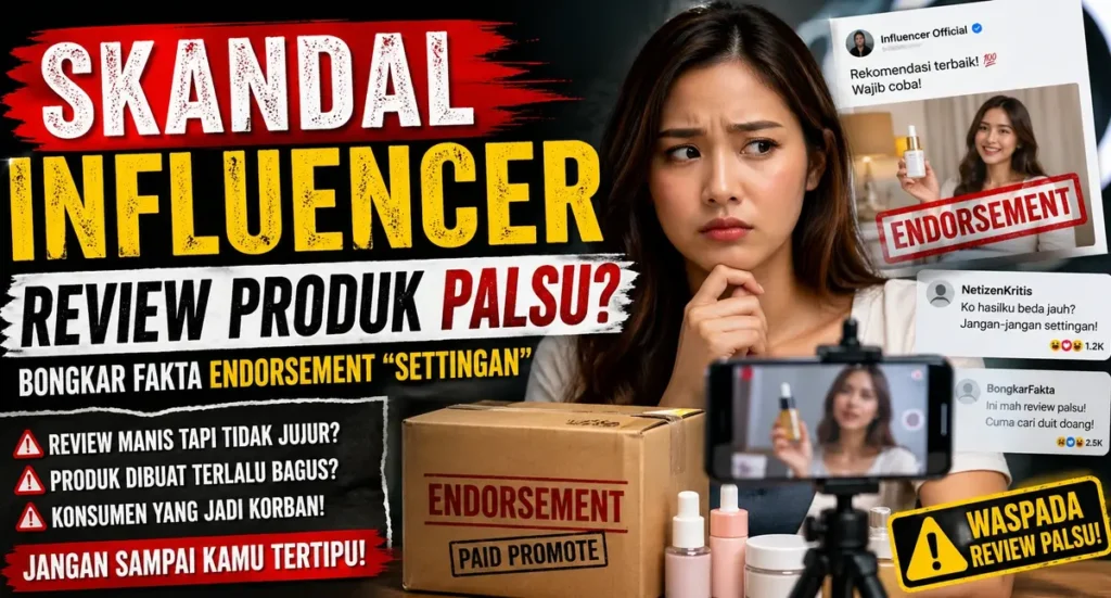 Influencer wanita terlihat ragu saat mereview produk dengan latar skandal endorsement settingan dan review produk palsu di media sosial