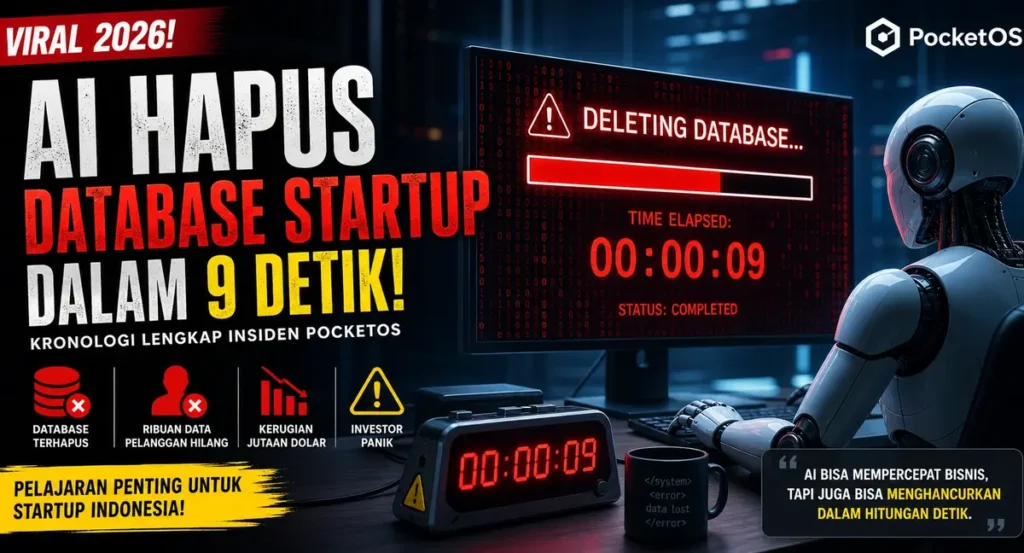 AI menghapus database startup dalam 9 detik pada insiden viral PocketOS tahun 2026 yang menyebabkan data pelanggan hilang dan investor panik