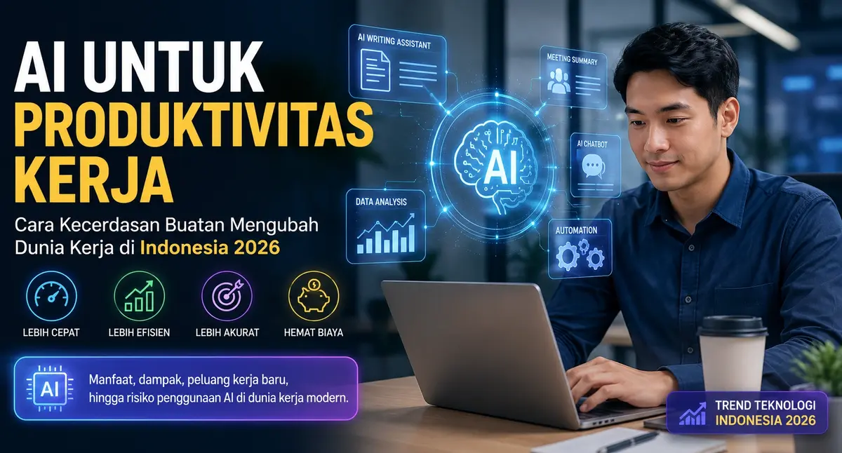 Ilustrasi pekerja menggunakan teknologi AI untuk meningkatkan produktivitas kerja di Indonesia tahun 2026 dengan tampilan futuristik dan sistem otomatisasi digital.