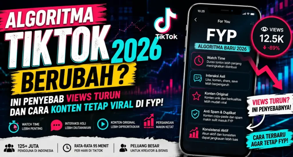 Ilustrasi algoritma TikTok 2026 dengan tampilan FYP, grafik views turun drastis, dan penjelasan penyebab konten sulit viral di TikTok Indonesia.