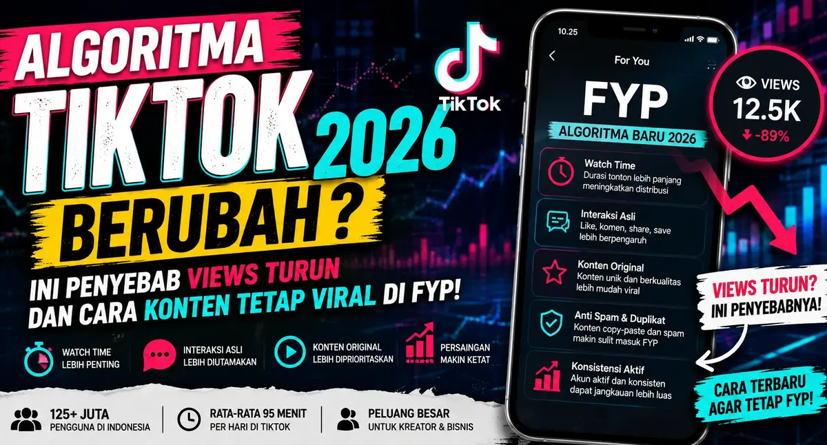 Ilustrasi algoritma TikTok 2026 dengan tampilan FYP, grafik views turun drastis, dan penjelasan penyebab konten sulit viral di TikTok Indonesia.