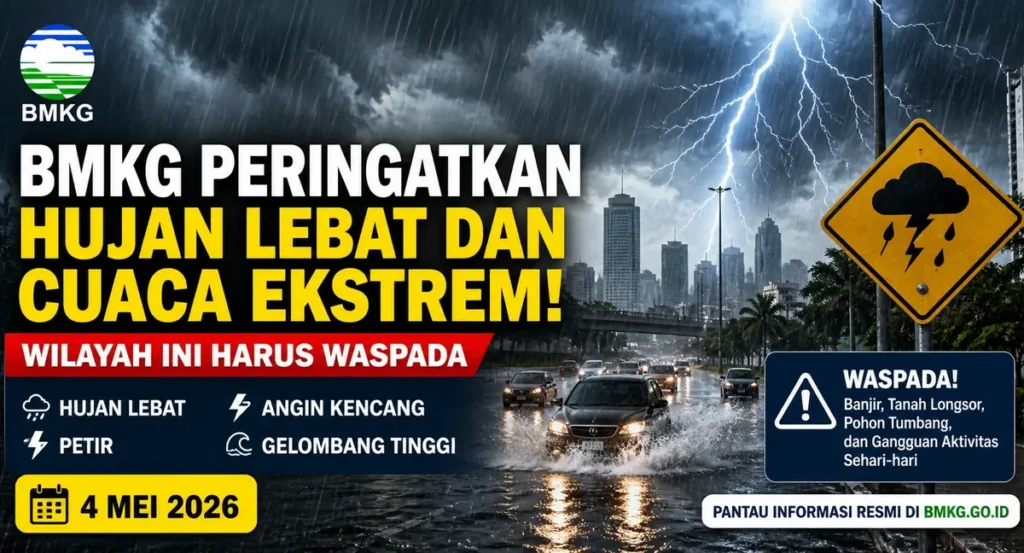 BMKG peringatan hujan lebat dan cuaca ekstrem di sejumlah wilayah Indonesia pada 4 Mei 2026