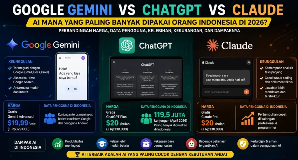 Ilustrasi perbandingan Google Gemini vs ChatGPT vs Claude sebagai AI paling populer di Indonesia tahun 2026 dengan tampilan logo dan fitur masing-masing platform.