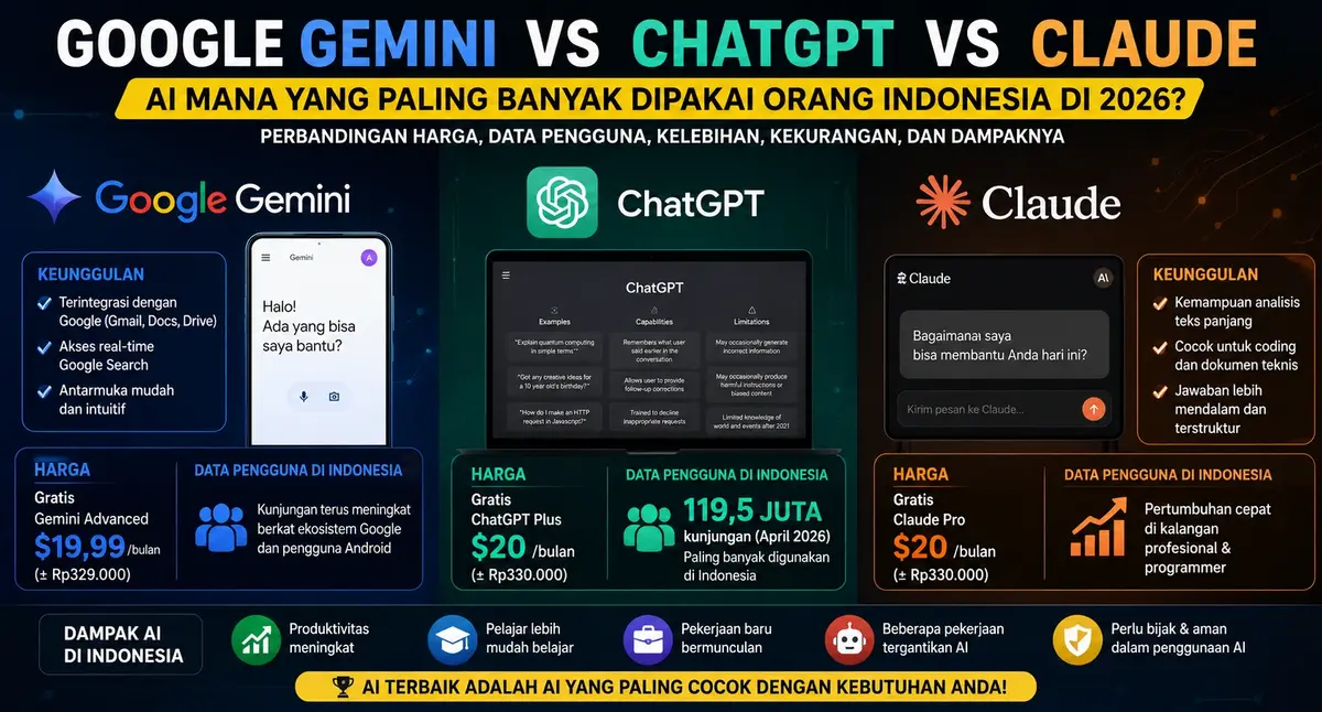 Ilustrasi perbandingan Google Gemini vs ChatGPT vs Claude sebagai AI paling populer di Indonesia tahun 2026 dengan tampilan logo dan fitur masing-masing platform.