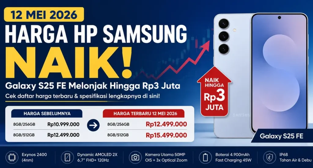 Harga HP Samsung terbaru 12 Mei 2026 dengan Galaxy S25 FE mengalami kenaikan hingga Rp3 juta di Indonesia