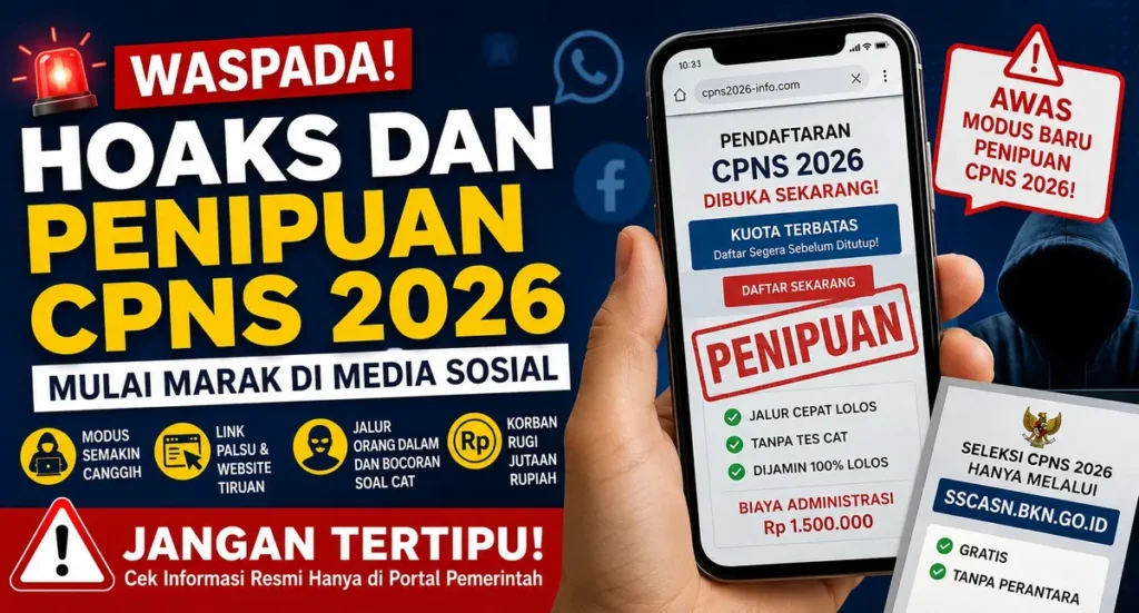Ilustrasi hoaks dan penipuan CPNS 2026 yang viral di media sosial dengan tampilan website pendaftaran palsu, peringatan modus penipuan, dan imbauan cek portal resmi pemerintah.