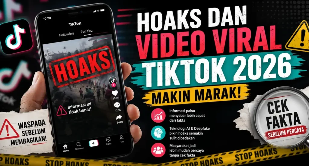 Ilustrasi hoaks dan video viral TikTok 2026 dengan tampilan smartphone, peringatan informasi palsu, serta ajakan cek fakta sebelum membagikan konten di media sosial.