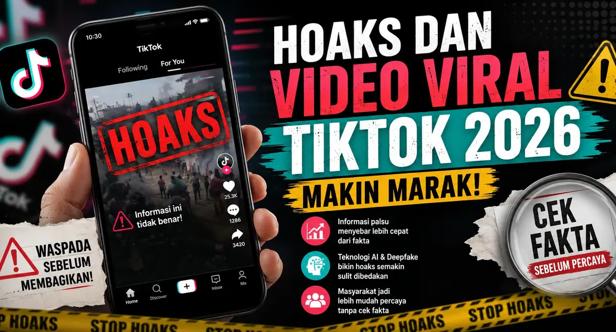 Ilustrasi hoaks dan video viral TikTok 2026 dengan tampilan smartphone, peringatan informasi palsu, serta ajakan cek fakta sebelum membagikan konten di media sosial.