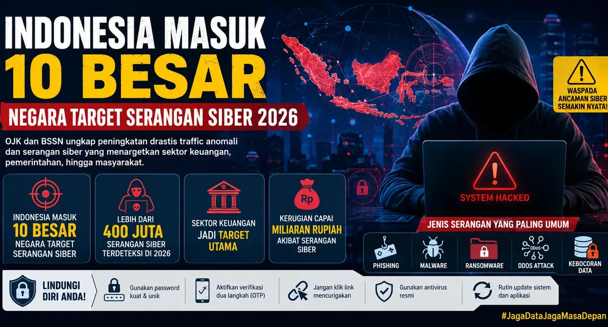 Indonesia masuk 10 besar negara target serangan siber 2026 dengan ancaman hacker, kebocoran data, phishing, ransomware, dan kerugian miliaran rupiah.