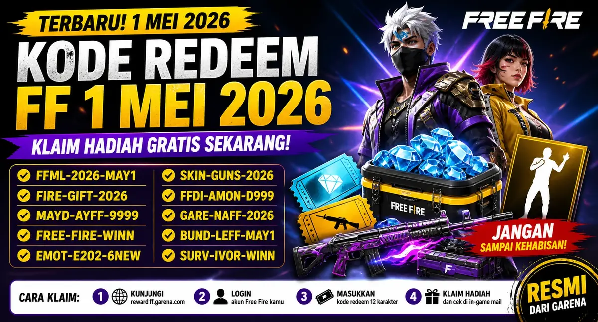 Kode redeem FF 1 Mei 2026 terbaru dengan hadiah gratis Free Fire berupa diamond, skin senjata, bundle eksklusif, dan emote gratis.