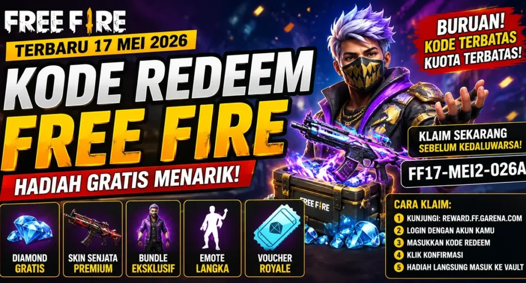 Kode redeem Free Fire terbaru 17 Mei 2026 dengan hadiah diamond gratis, skin senjata premium, bundle eksklusif, dan emote langka.