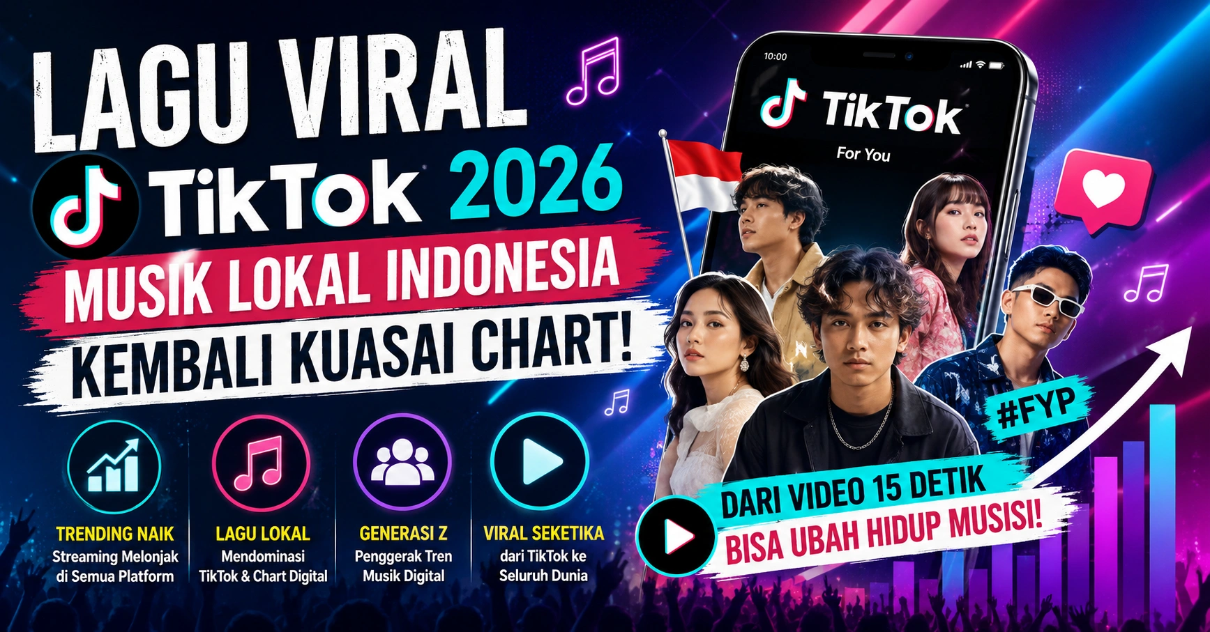 Ilustrasi lagu viral TikTok 2026 dengan musisi lokal Indonesia, aplikasi TikTok, grafik trending musik digital, dan konsep media sosial yang menunjukkan kebangkitan musik lokal di chart Indonesia.