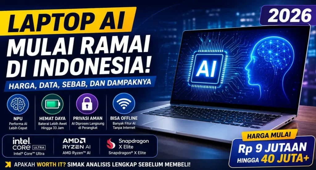 Laptop AI mulai ramai di Indonesia tahun 2026 dengan harga mulai Rp9 jutaan hingga Rp40 juta lengkap dengan fitur NPU, hemat daya, privasi aman, dan AI offline.