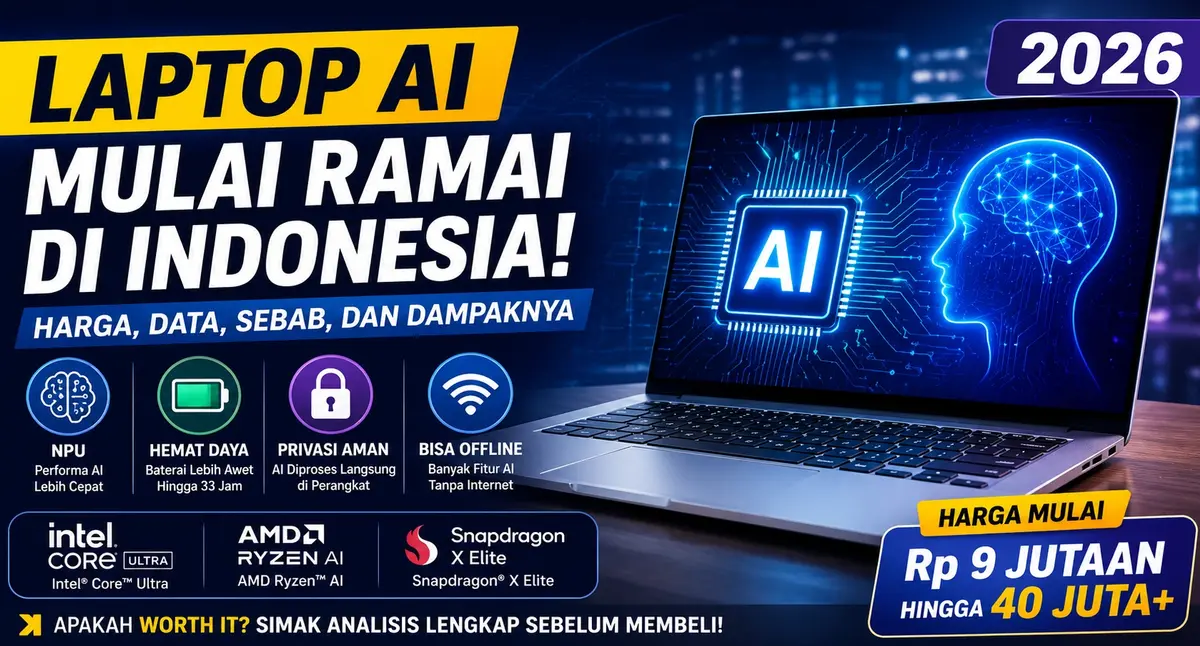 Laptop AI mulai ramai di Indonesia tahun 2026 dengan harga mulai Rp9 jutaan hingga Rp40 juta lengkap dengan fitur NPU, hemat daya, privasi aman, dan AI offline.