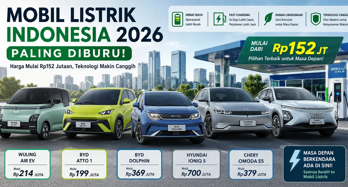 Daftar mobil listrik Indonesia 2026 paling diburu dengan harga mulai Rp152 juta menampilkan Wuling Air EV, BYD Atto 1, BYD Dolphin, Hyundai Ioniq 5, dan Chery Omoda E5 di stasiun pengisian kendaraan listrik.