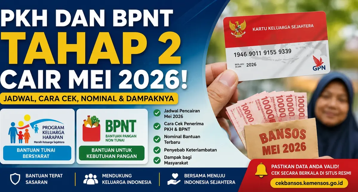 PKH dan BPNT tahap 2 cair Mei 2026 dengan ilustrasi kartu KKS, uang bantuan sosial, dan informasi jadwal pencairan bansos terbaru.