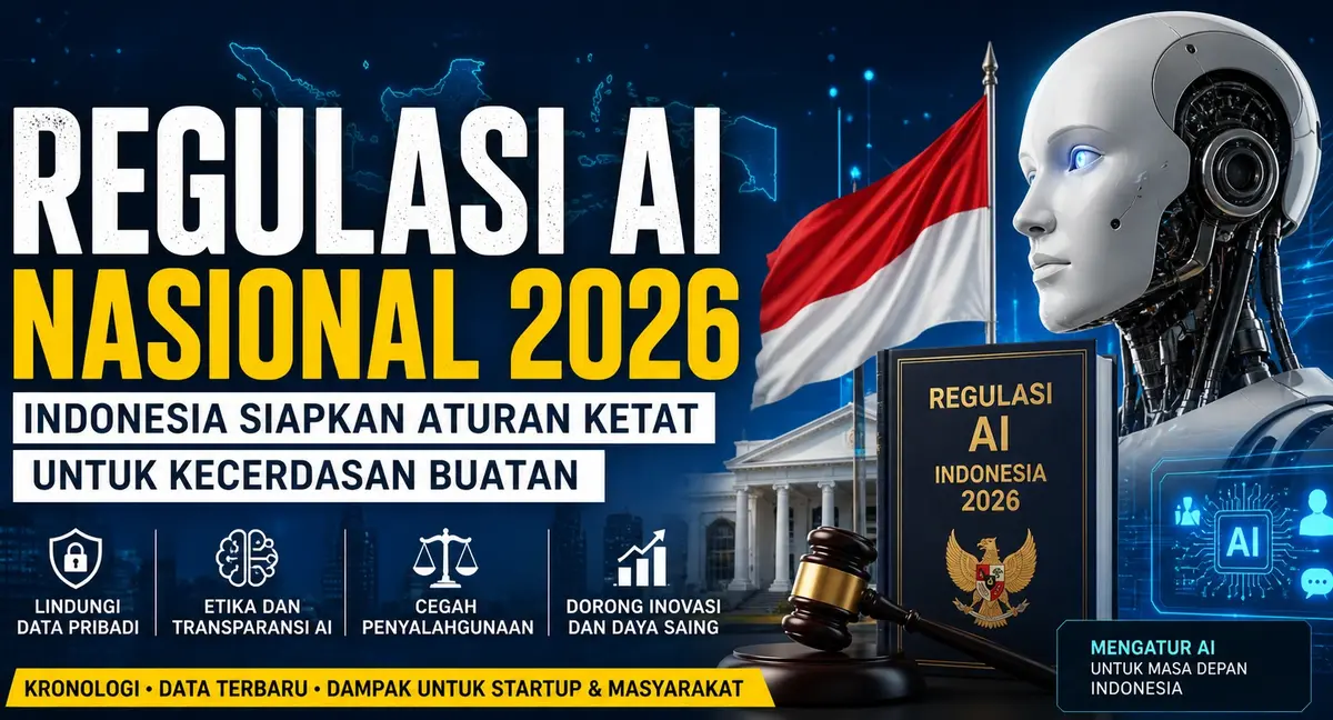 Regulasi AI Nasional 2026 di Indonesia dengan ilustrasi robot AI, bendera merah putih, dan aturan pemerintah tentang kecerdasan buatan