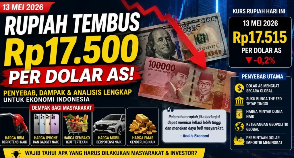 Ilustrasi rupiah tembus Rp17.500 per dolar AS dengan tampilan uang rupiah, dolar Amerika, dan grafik ekonomi menurun