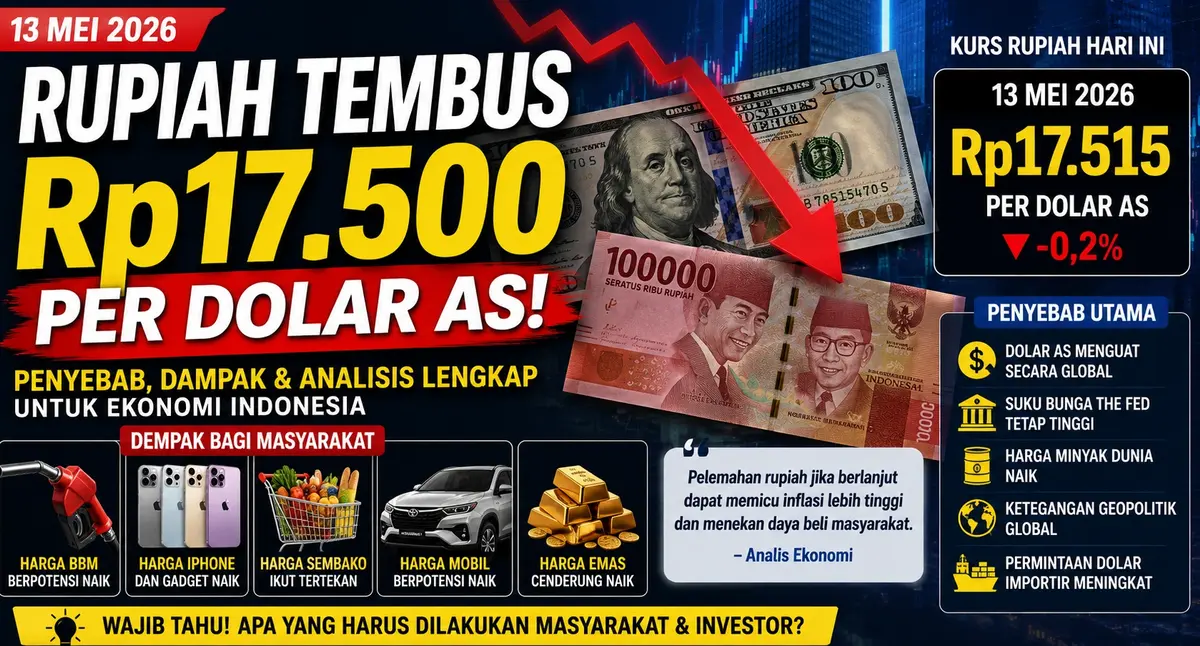 Ilustrasi rupiah tembus Rp17.500 per dolar AS dengan tampilan uang rupiah, dolar Amerika, dan grafik ekonomi menurun