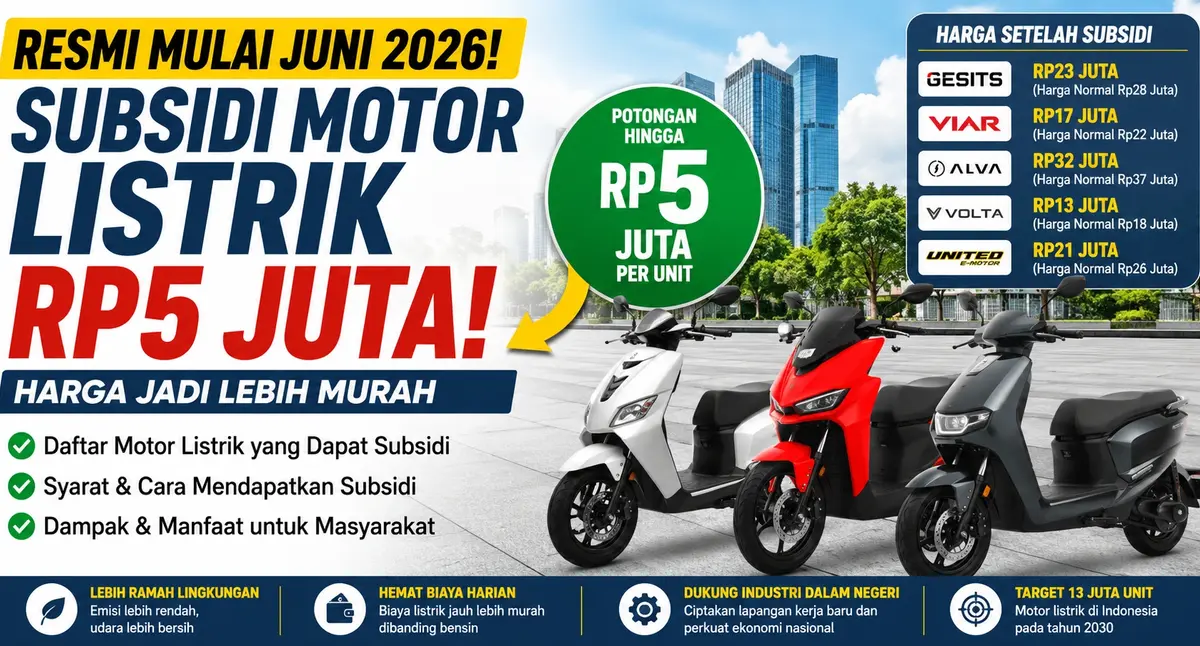Ilustrasi subsidi motor listrik Rp5 juta mulai Juni 2026 dengan tampilan beberapa motor listrik dan daftar harga setelah subsidi di Indonesia.