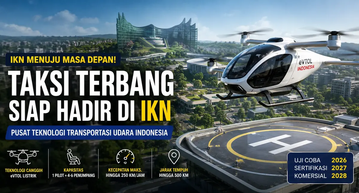 Taksi terbang IKN melayang di atas kawasan Ibu Kota Nusantara dengan teknologi eVTOL futuristik di Indonesia