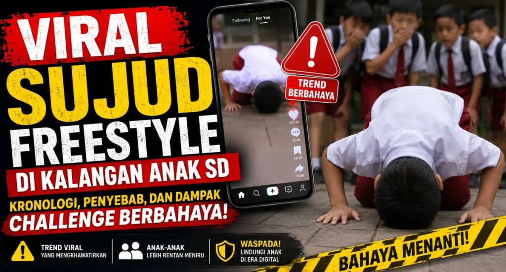 Ilustrasi viral sujud freestyle di kalangan anak SD dengan peringatan challenge berbahaya di media sosial dan dampaknya bagi anak-anak.