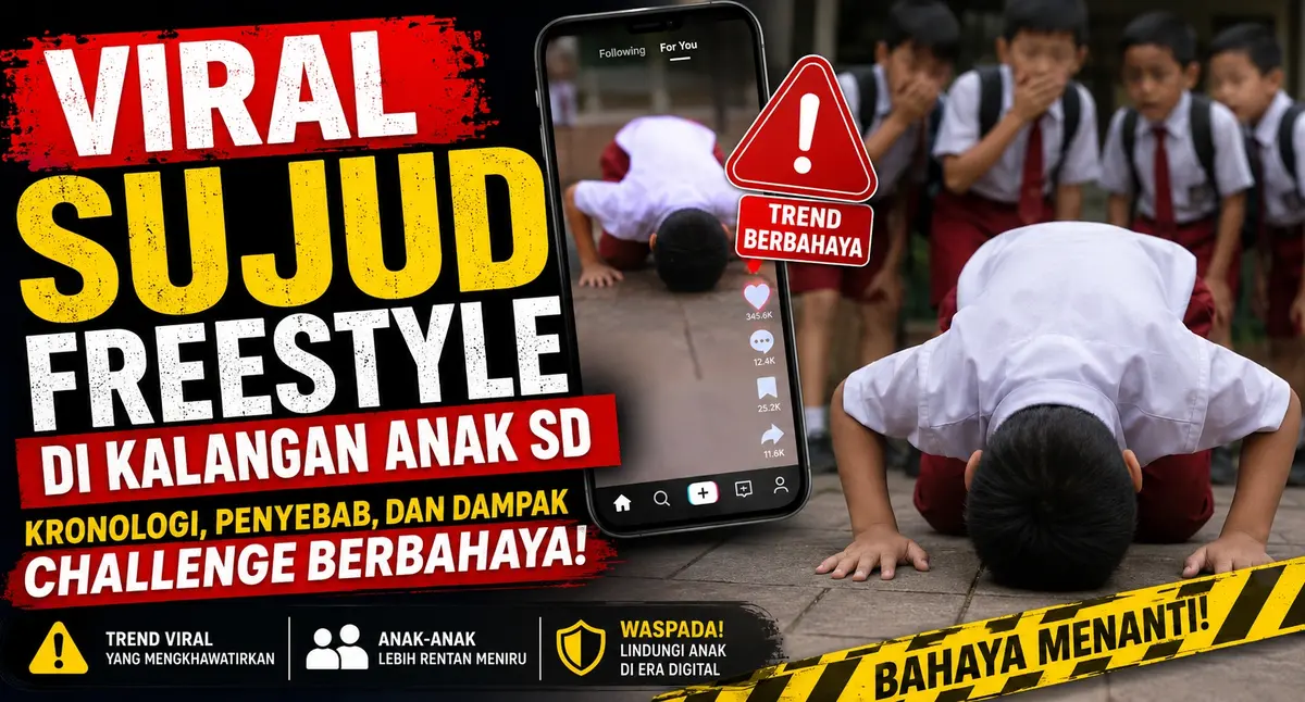 Ilustrasi viral sujud freestyle di kalangan anak SD dengan peringatan challenge berbahaya di media sosial dan dampaknya bagi anak-anak.